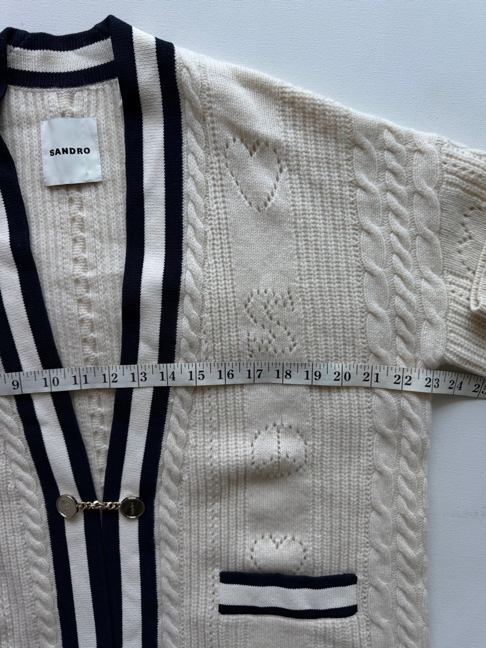 Sandro Erwan Long Cardigan-Coat with Pointelle Knit Size 2 - Picture 8 of 16